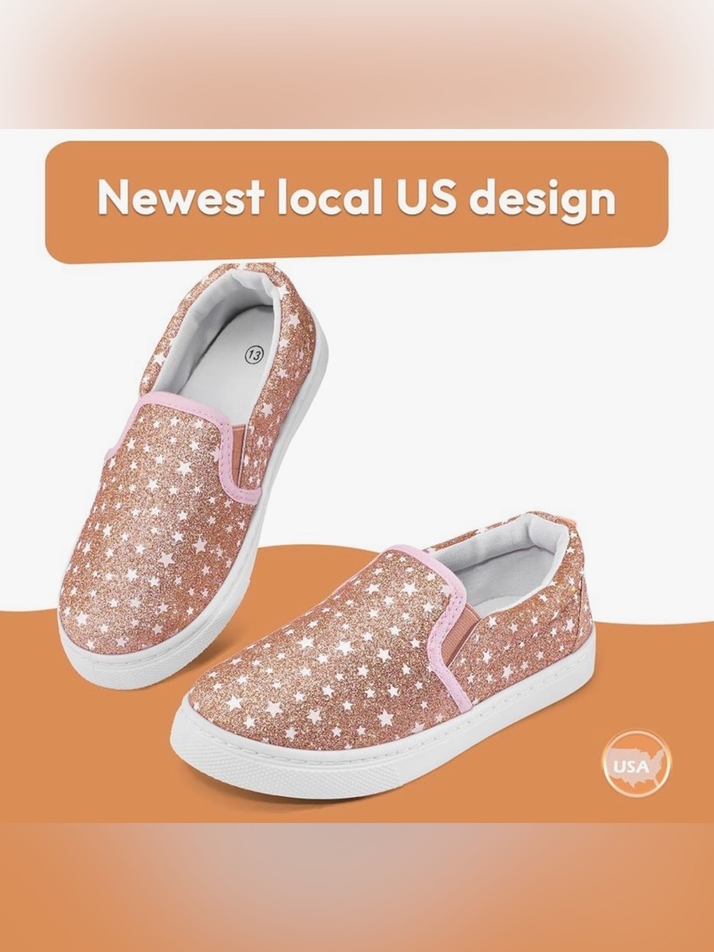 Girls' Rose Gold Glitter Star Slip-On Sneakers